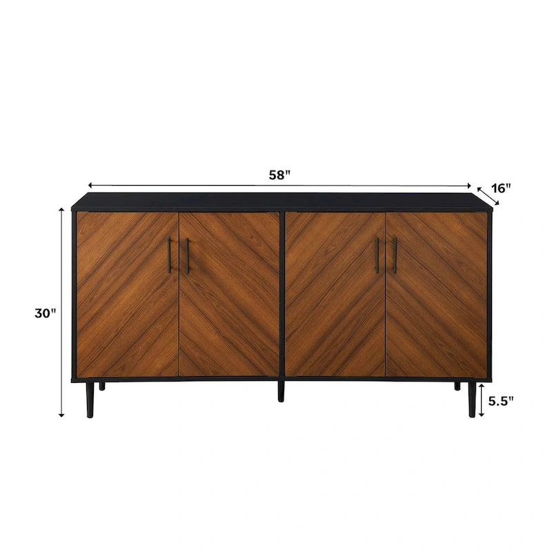 58-inch Mid-Century Modern 4-Door Buffet with Tapered Legs