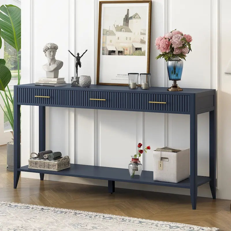 Console d'entrée avec tiroirs à rayures verticales et pieds longs