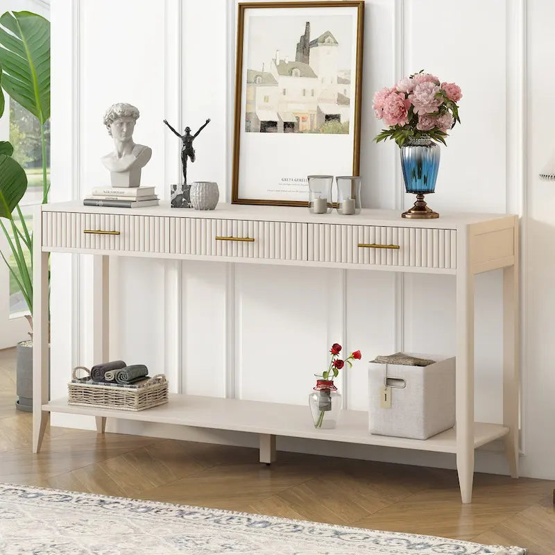Console d'entrée avec tiroirs à rayures verticales et pieds longs