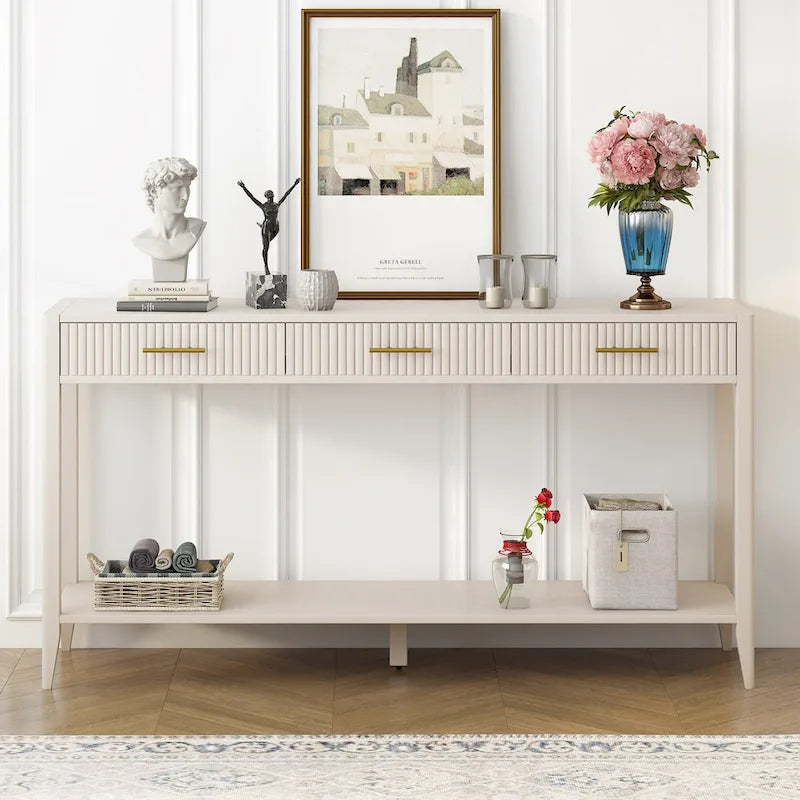 Console d'entrée avec tiroirs à rayures verticales et pieds longs