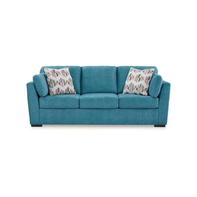 Canapé en faux velours bleu sarcelle de 239 cm avec coussins décoratifs
