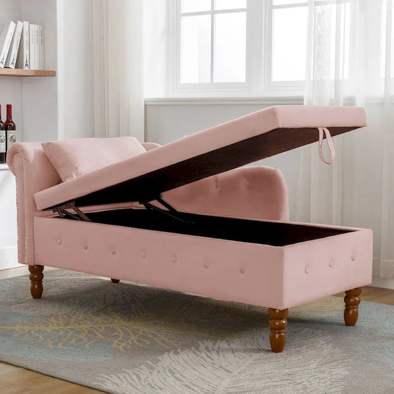 Méridienne en velours touffeté rose de 58,26 po avec rangement
