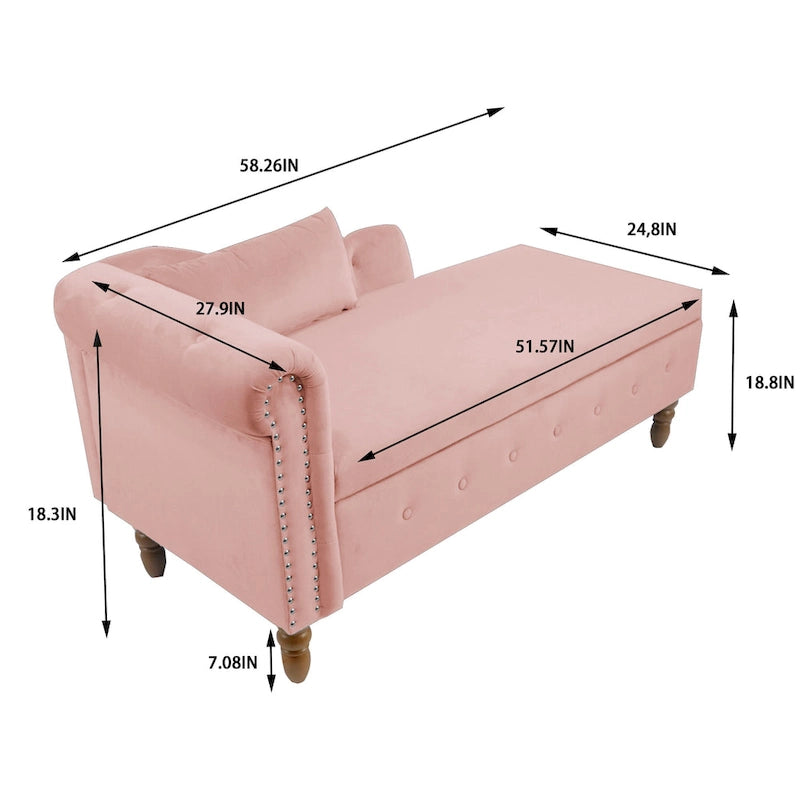 Méridienne en velours touffeté rose de 58,26 po avec rangement
