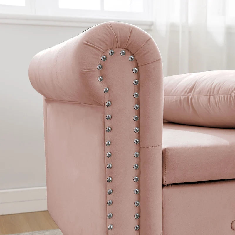 Méridienne en velours touffeté rose de 58,26 po avec rangement