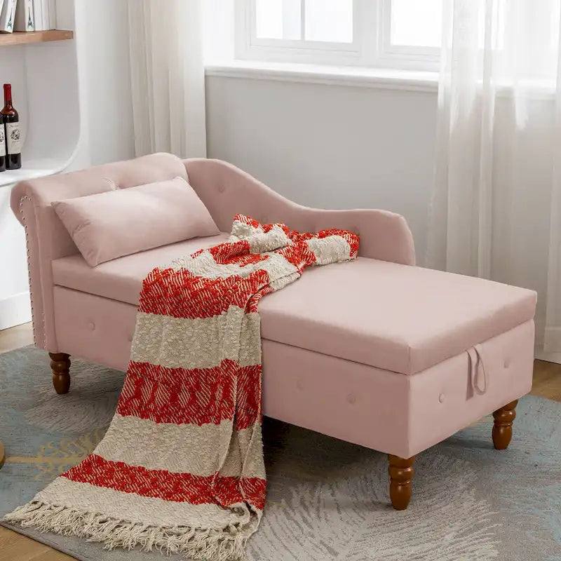 Méridienne en velours touffeté rose de 58,26 po avec rangement