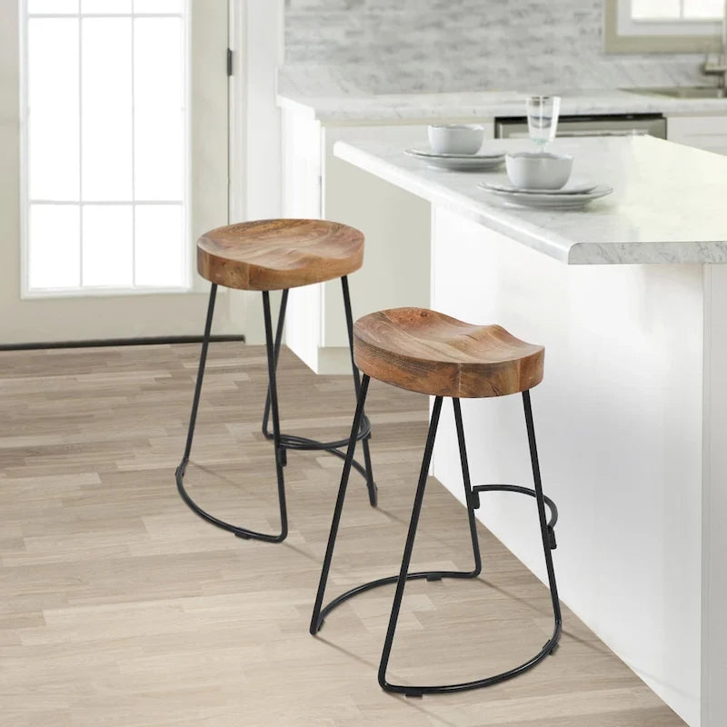 24 Inch Handcrafted Backless Barstool, Natural Brown Mango Wood Saddle Seat, Black Iron Base