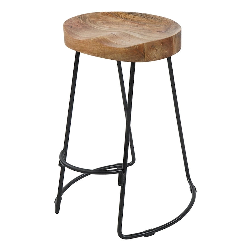 24 Inch Handcrafted Backless Barstool, Natural Brown Mango Wood Saddle Seat, Black Iron Base