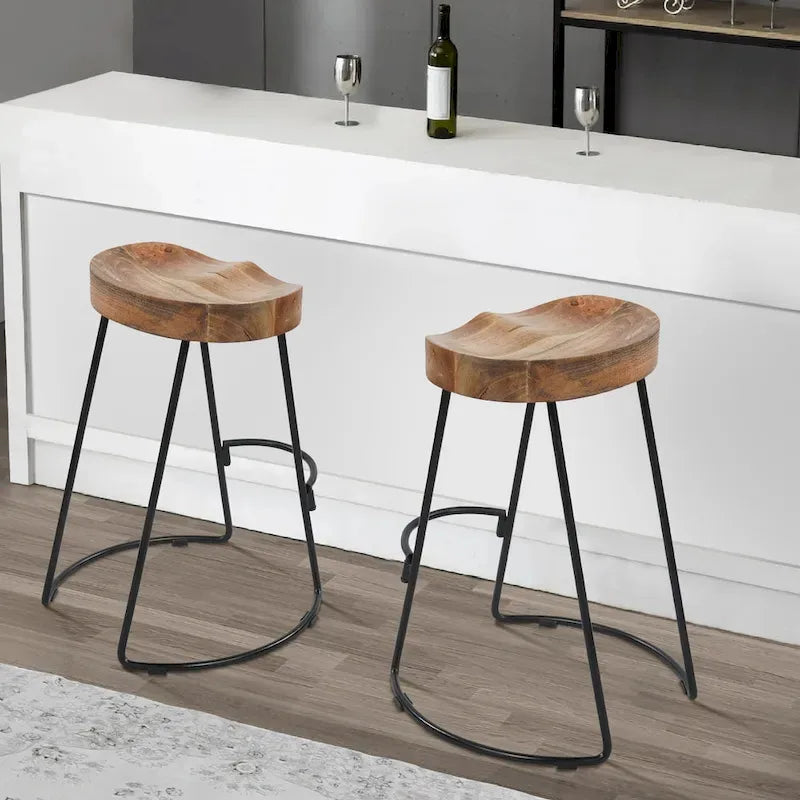 24 Inch Handcrafted Backless Barstool, Natural Brown Mango Wood Saddle Seat, Black Iron Base
