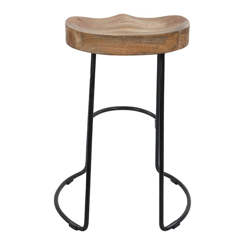 24 Inch Handcrafted Backless Barstool, Natural Brown Mango Wood Saddle Seat, Black Iron Base