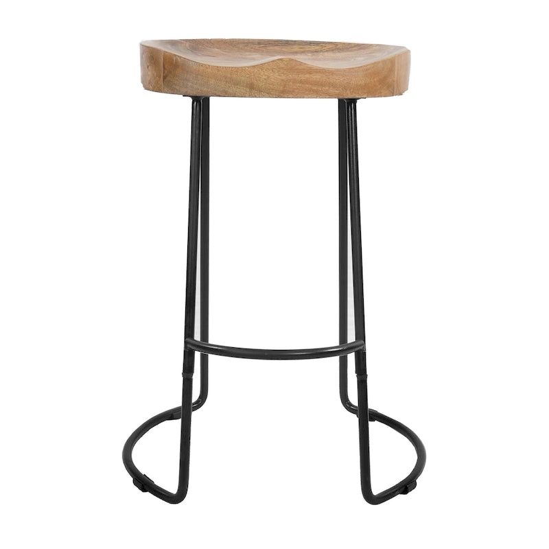 24 Inch Handcrafted Backless Barstool, Natural Brown Mango Wood Saddle Seat, Black Iron Base