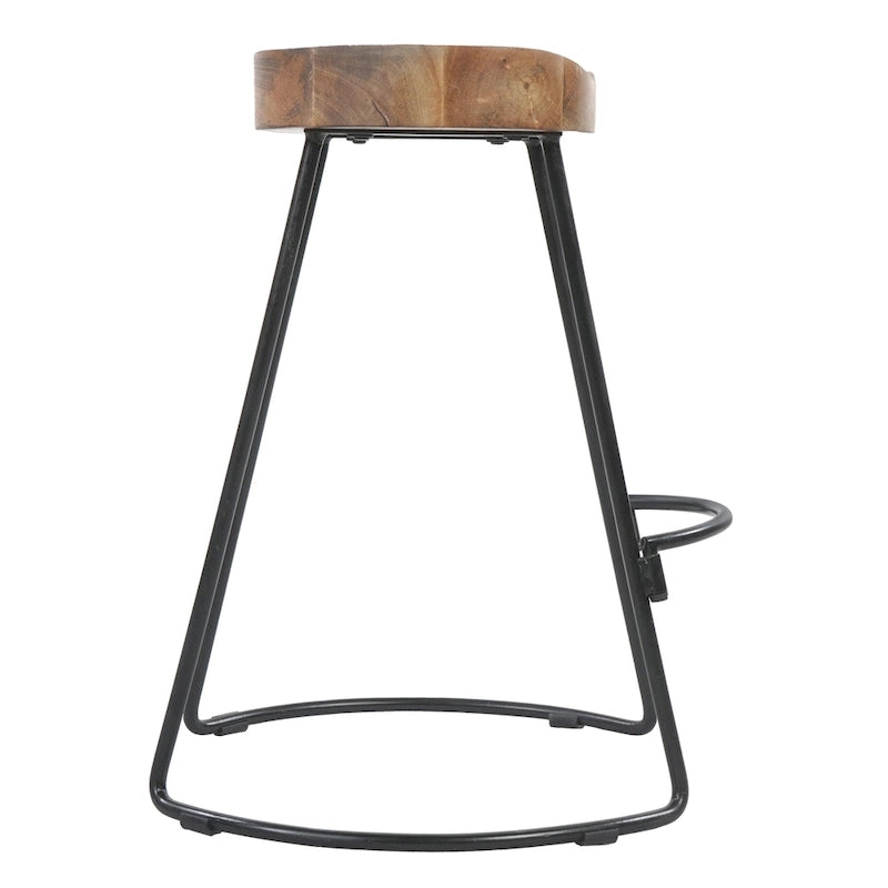 24 Inch Handcrafted Backless Barstool, Natural Brown Mango Wood Saddle Seat, Black Iron Base