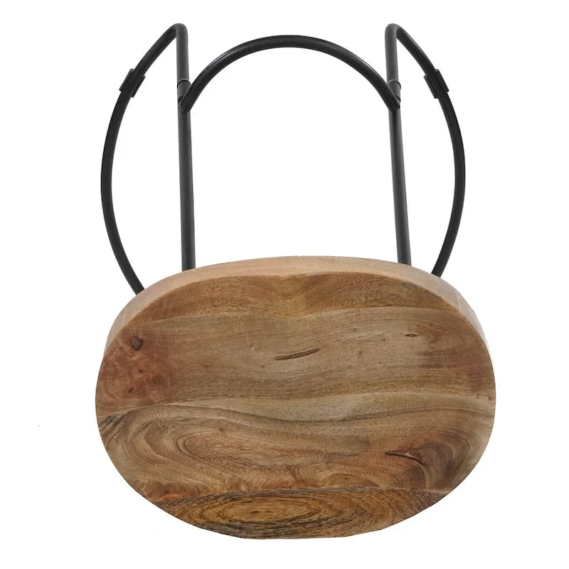 24 Inch Handcrafted Backless Barstool, Natural Brown Mango Wood Saddle Seat, Black Iron Base
