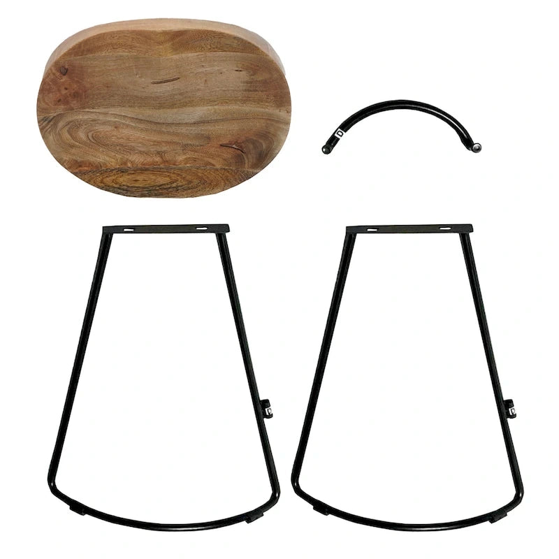 24 Inch Handcrafted Backless Barstool, Natural Brown Mango Wood Saddle Seat, Black Iron Base