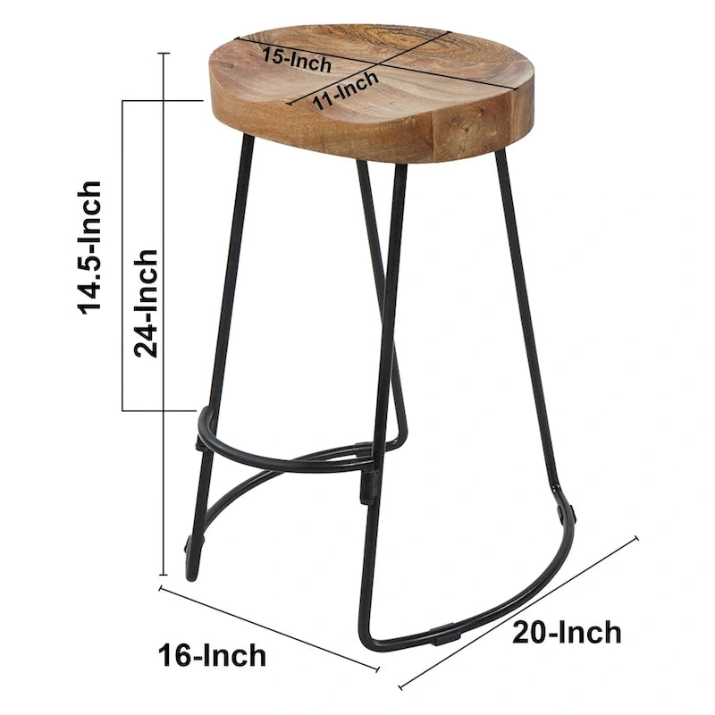 24 Inch Handcrafted Backless Barstool, Natural Brown Mango Wood Saddle Seat, Black Iron Base