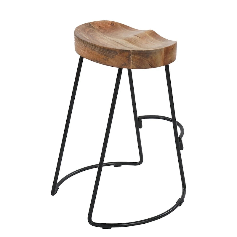 24 Inch Handcrafted Backless Barstool, Natural Brown Mango Wood Saddle Seat, Black Iron Base