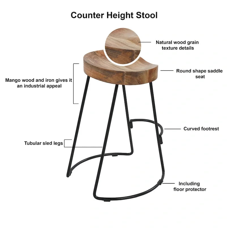 24 Inch Handcrafted Backless Barstool, Natural Brown Mango Wood Saddle Seat, Black Iron Base