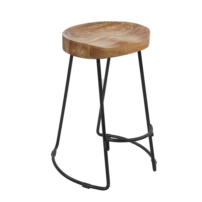24 Inch Handcrafted Backless Barstool, Natural Brown Mango Wood Saddle Seat, Black Iron Base