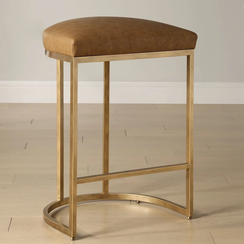 Gold Half-moon Metal Base and Camel Cushion Counter Stool