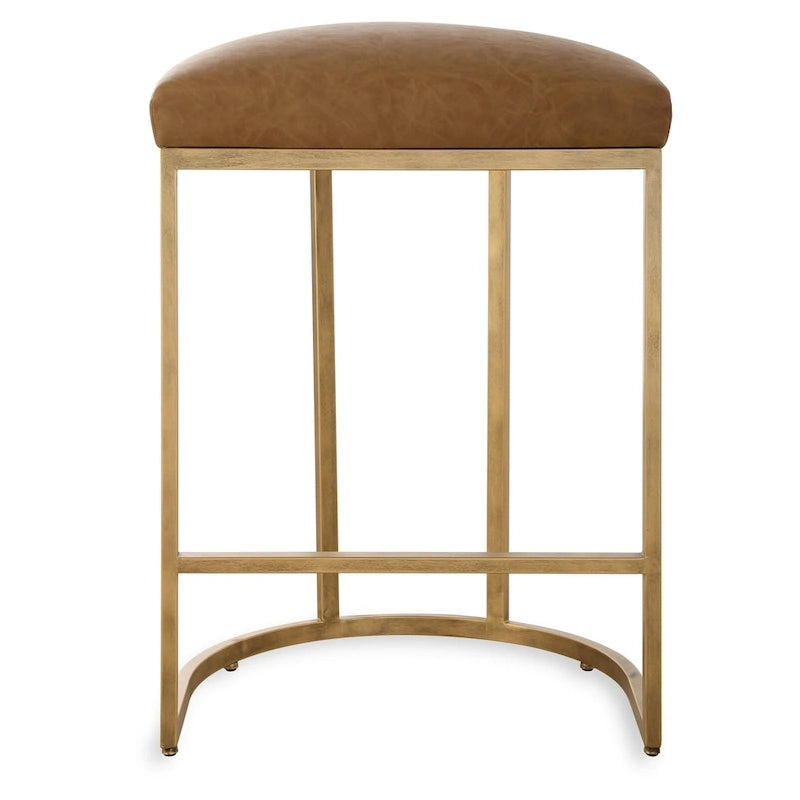 Tabouret de comptoir avec base métallique demi-lune dorée et coussin couleur chameau