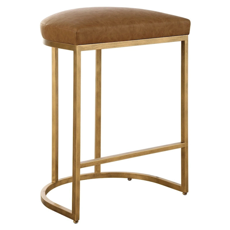 Tabouret de comptoir avec base métallique demi-lune dorée et coussin couleur chameau
