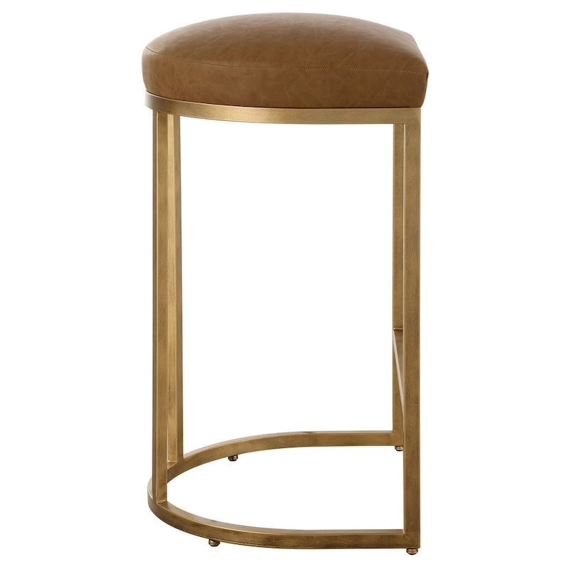Tabouret de comptoir avec base métallique demi-lune dorée et coussin couleur chameau