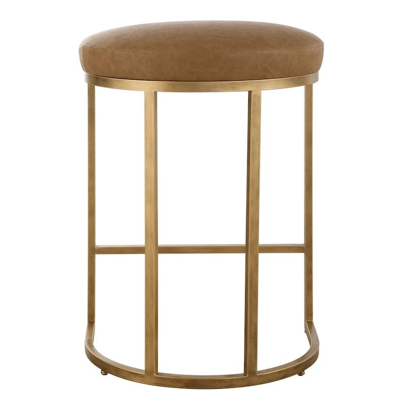 Tabouret de comptoir avec base métallique demi-lune dorée et coussin couleur chameau