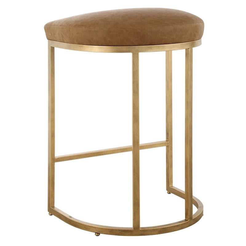 Tabouret de comptoir avec base métallique demi-lune dorée et coussin couleur chameau