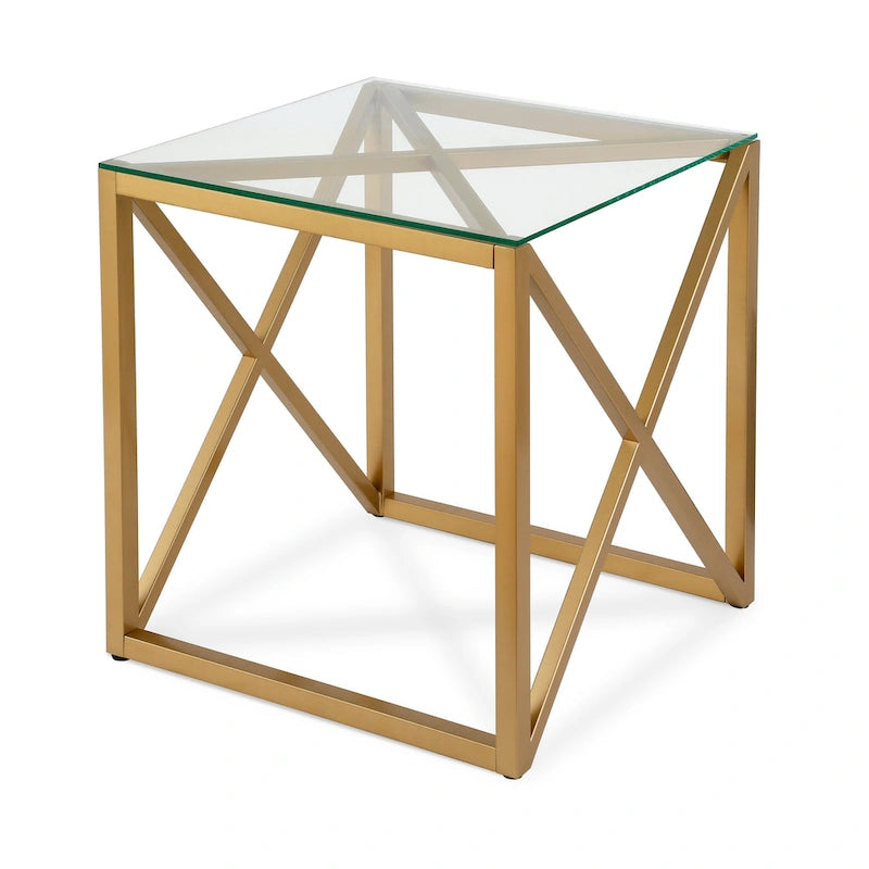 Table d'appoint géométrique en métal et verre avec piètement en X – Finition laiton doré