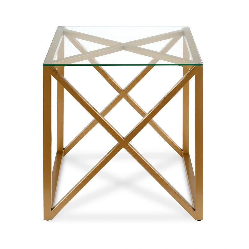 Table d'appoint géométrique en métal et verre avec piètement en X – Finition laiton doré