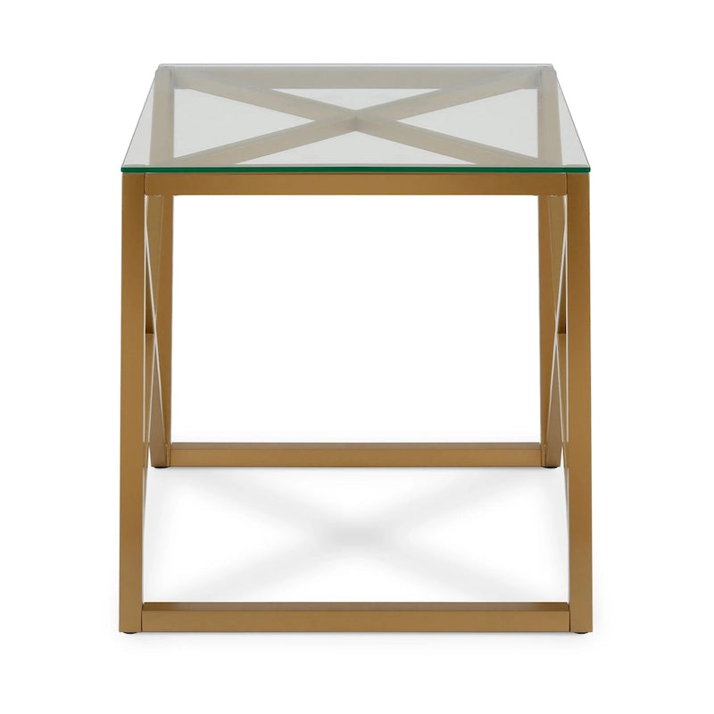 Table d'appoint géométrique en métal et verre avec piètement en X – Finition laiton doré
