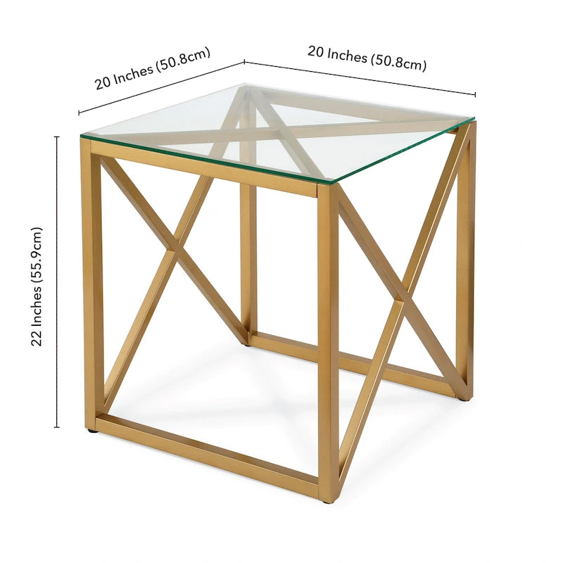 Table d'appoint géométrique en métal et verre avec piètement en X – Finition laiton doré