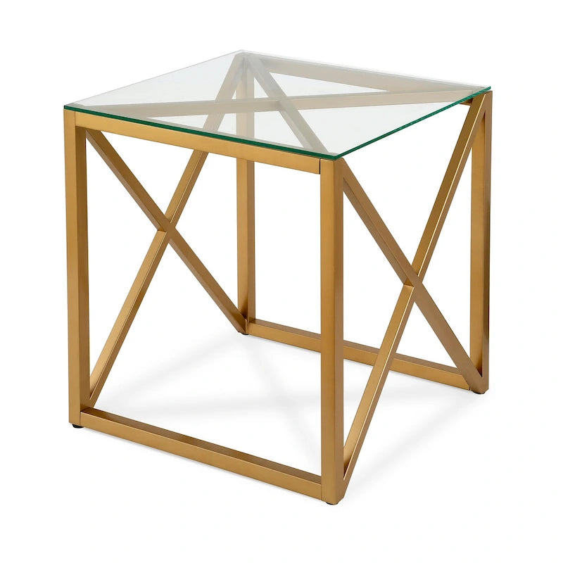 Table d'appoint géométrique en métal et verre avec piètement en X – Finition laiton doré