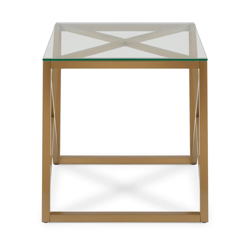 Table d'appoint géométrique en métal et verre avec piètement en X – Finition laiton doré