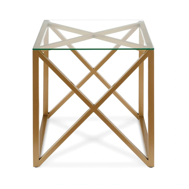 Table d'appoint géométrique en métal et verre avec piètement en X – Finition laiton doré