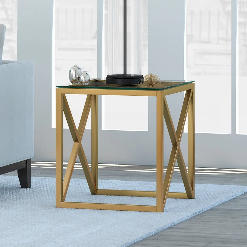 Table d'appoint géométrique en métal et verre avec piètement en X – Finition laiton doré