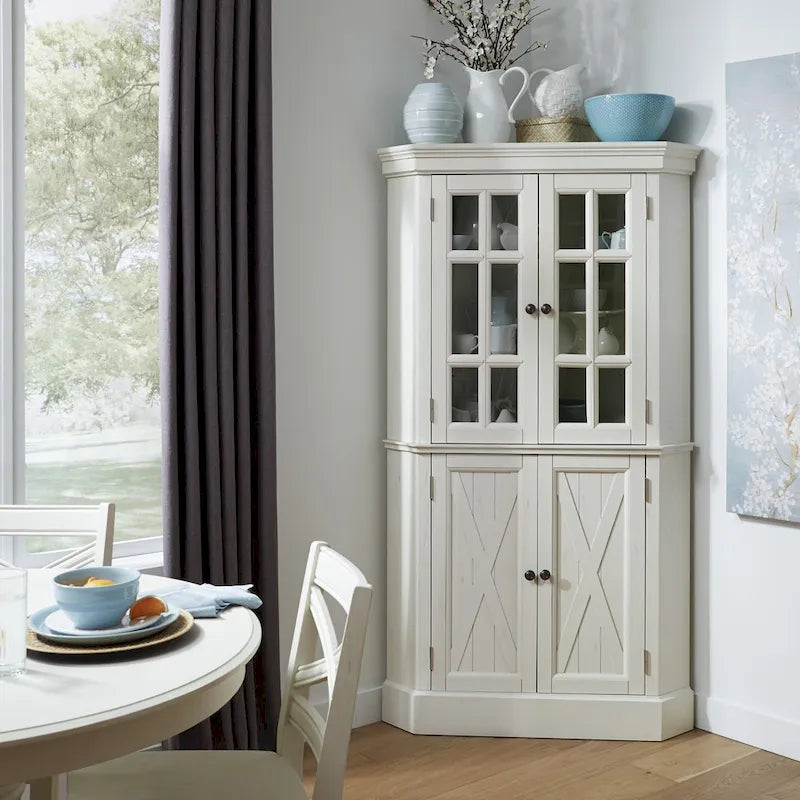 Meuble d'angle avec portes vitrées et en bois - Blanc cassé