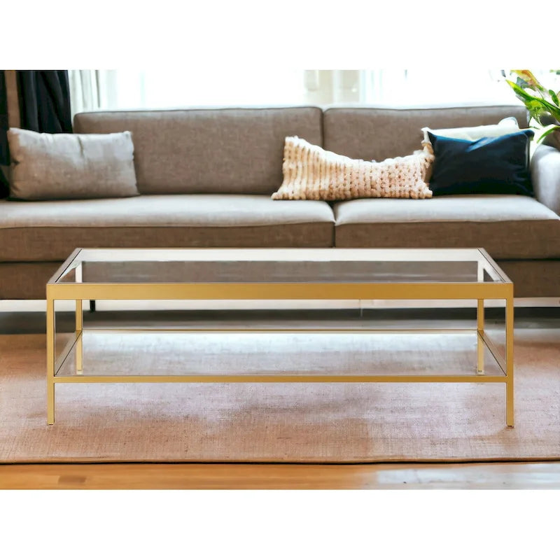 Clear and Gold Glass and Steel Coffee Table with Shelf - 54 x 17 x 24