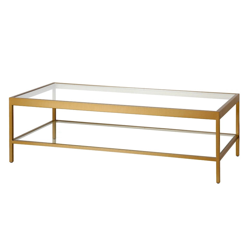 Clear and Gold Glass and Steel Coffee Table with Shelf - 54 x 17 x 24