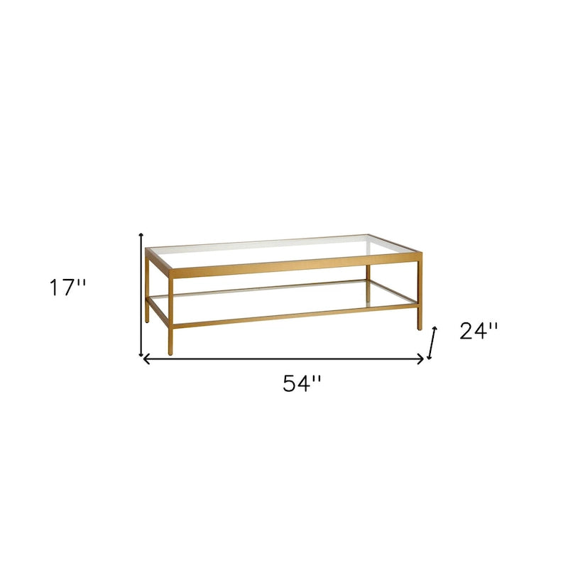 Clear and Gold Glass and Steel Coffee Table with Shelf - 54 x 17 x 24