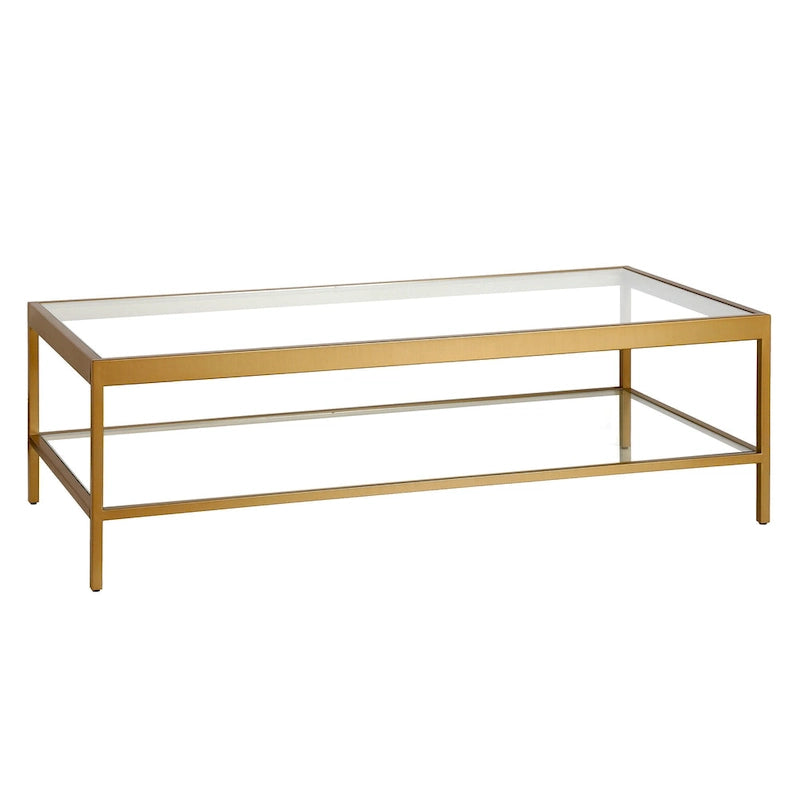 Clear and Gold Glass and Steel Coffee Table with Shelf - 54 x 17 x 24