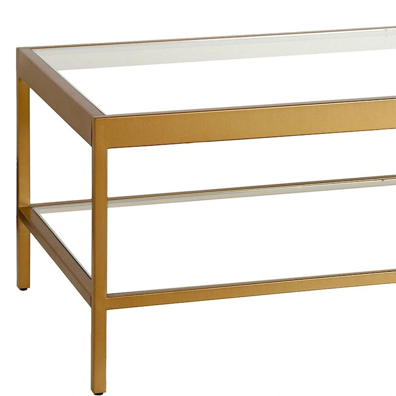 Clear and Gold Glass and Steel Coffee Table with Shelf - 54 x 17 x 24