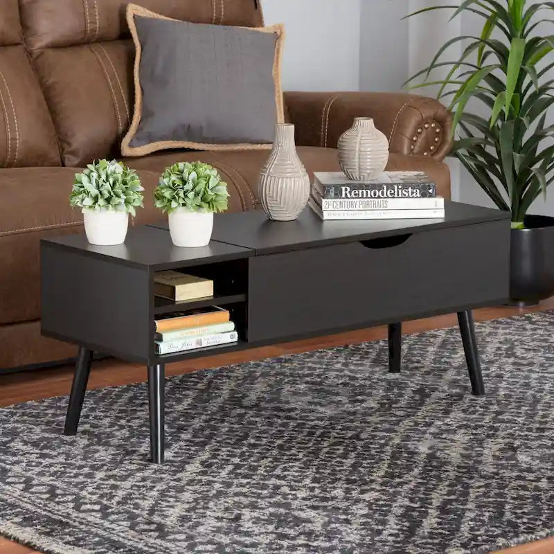 Table basse relevable bicolore moderne avec 3 compartiments de rangement