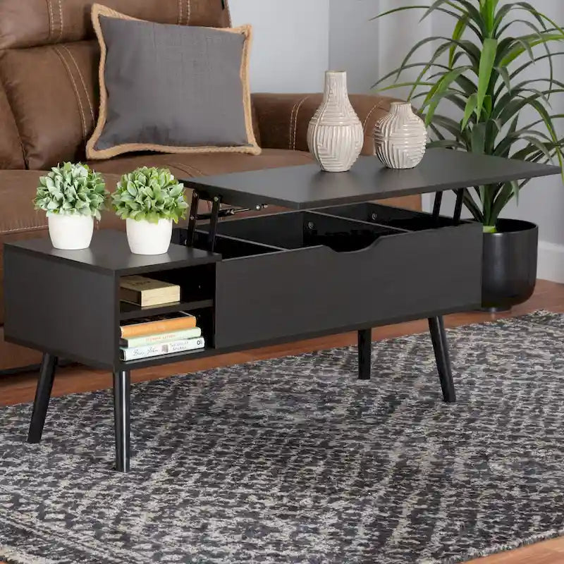 Table basse relevable bicolore moderne avec 3 compartiments de rangement