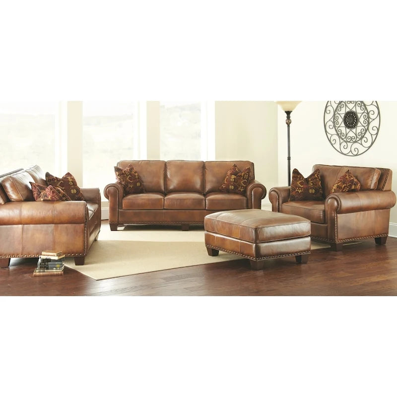 Causeuse en cuir pleine fleur avec deux coussins remplis de plumes et duvet - Marron Caramel