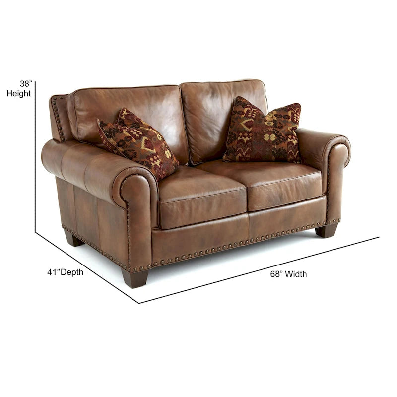 Causeuse en cuir pleine fleur avec deux coussins remplis de plumes et duvet - Marron Caramel