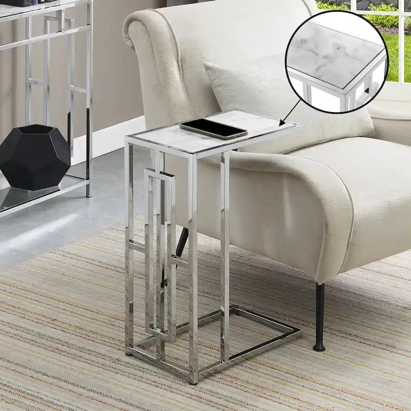Chrome Faux Marble C-Shape End Table - Glam Style