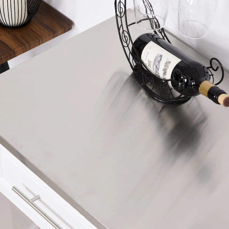 Îlot de cuisine roulant en acier inoxydable avec tiroirs et étagères – Blanc