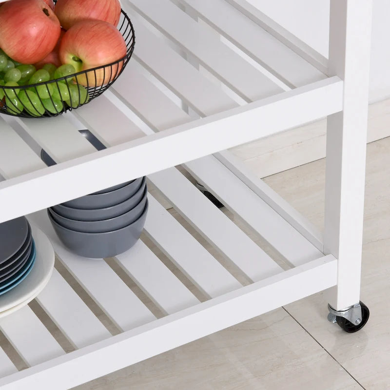 Îlot de cuisine roulant en acier inoxydable avec tiroirs et étagères – Blanc