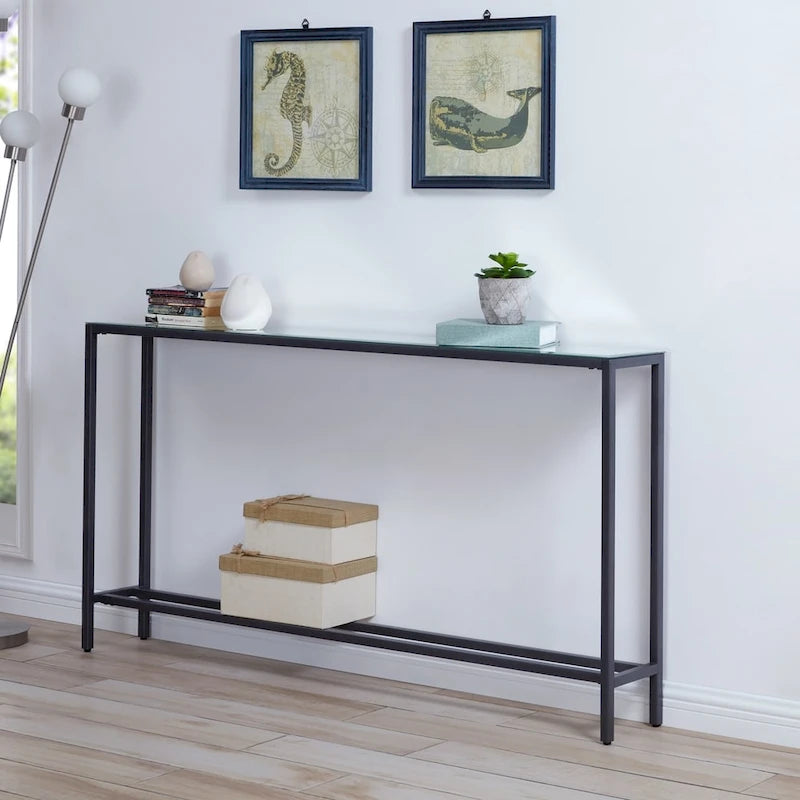 Console étroite et longue avec plateau miroir - Piètement en métal doré
