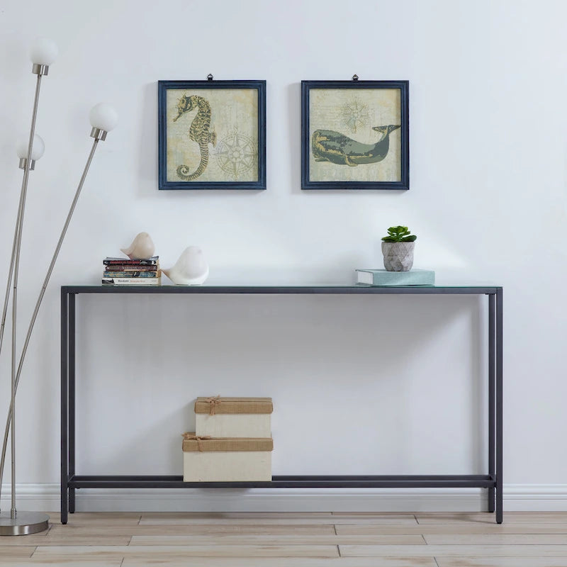 Console étroite et longue avec plateau miroir - Piètement en métal doré